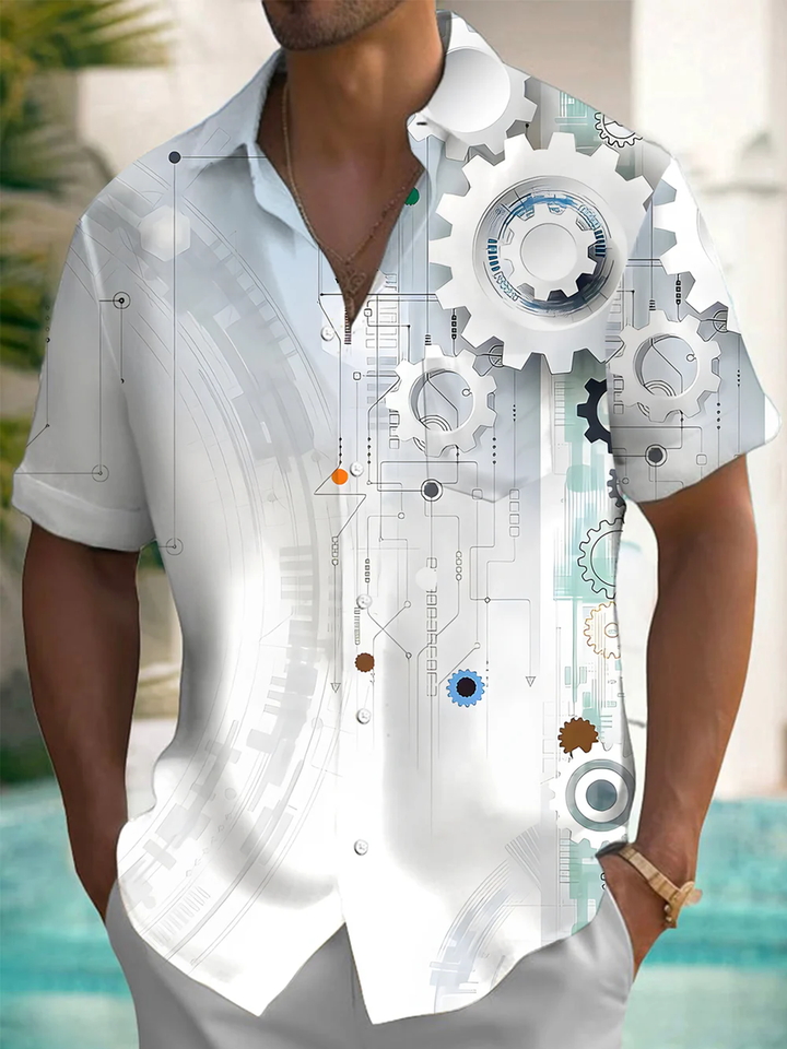 Alohadaddy® Casual Geometric Gear Art Print Chest Pocket Men&