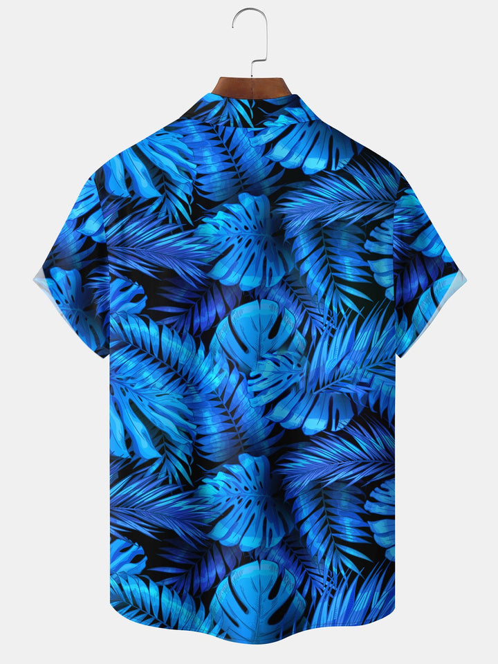 Chemise décontractée à manches courtes pour homme avec imprimé feuilles bleues