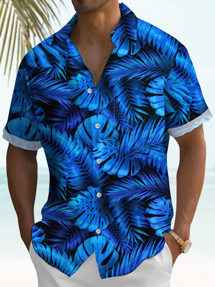 Chemise décontractée à manches courtes pour homme avec imprimé feuilles bleues