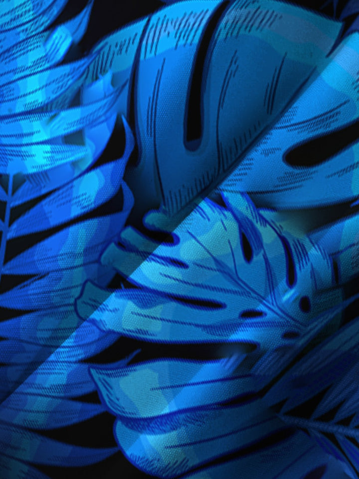 Chemise décontractée à manches courtes pour homme avec imprimé feuilles bleues