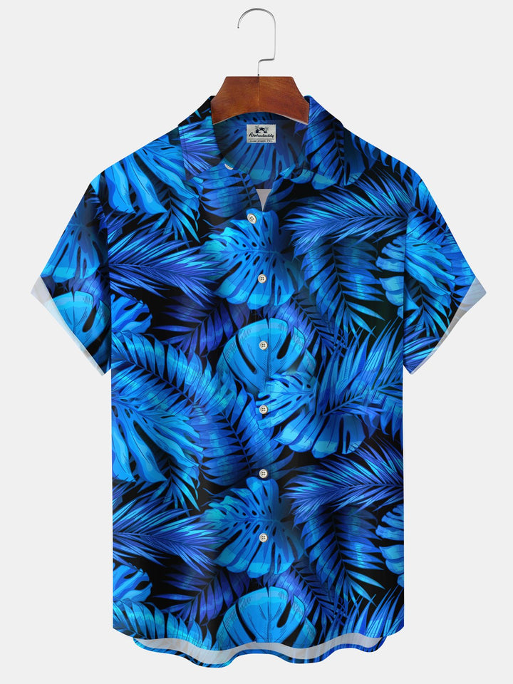 Chemise décontractée à manches courtes pour homme avec imprimé feuilles bleues