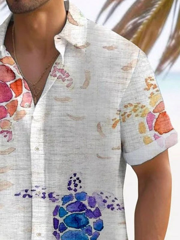Camisa de manga corta con bolsillo abotonado para hombre con estampado artístico de tortuga marina hawaiana Alohadaddy