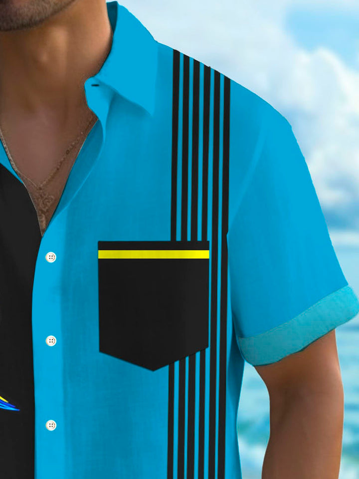 Camisa de manga corta con bolsillo abotonado y estampado de bolos de rayas vintage para hombre de Alohadaddy