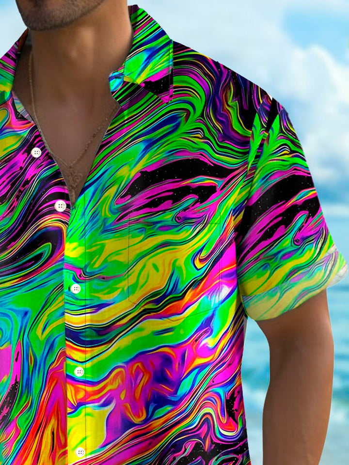 Camisa de manga corta con bolsillo abotonado y estampado digital 3D con degradado abstracto retro para hombre de Alohadaddy, talla grande y alta