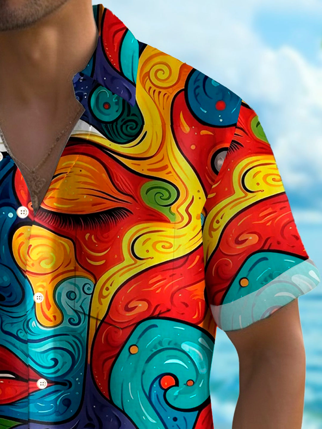 Camisa de manga corta con bolsillo abotonado y estampado digital 3D de arte abstracto con cara retro de Alohadaddy para hombre, talla grande y alta