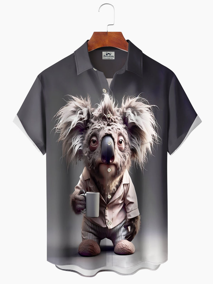 Alohadaddy Hawaii Vacation Koala Print Art Pocket Button Short Sleeve Stretch Large Size Men&