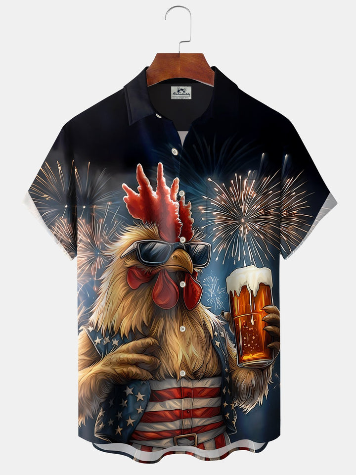 Alohadaddy Independence Rooster Beer Print Art Pocket Button Elastic Large Size Shirt