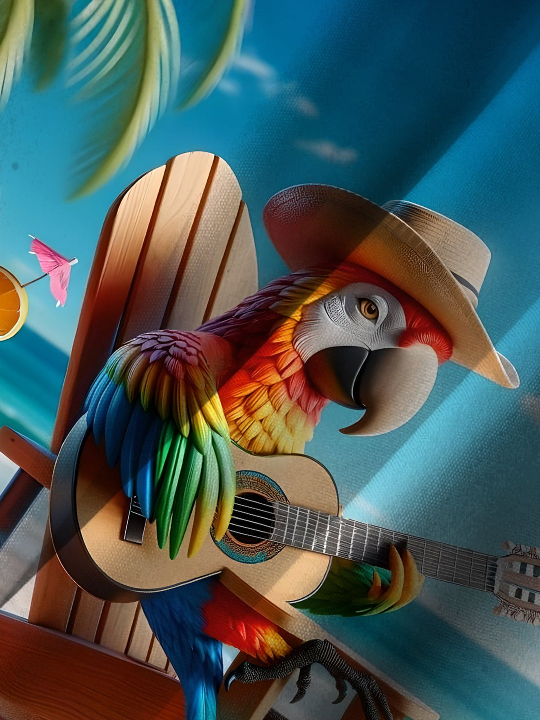 Alohadaddy Casual Collection Hawaii Vacation Parrot Guitar Print Art Button Cardigan Pocket Fresh Stretch Polyester Short Sleeve Shirt