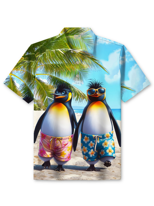 Alohadaddy Casual Everyday Penguin Beach Print Art Elastic Large Size Button Short Sleeve POLO Shirt