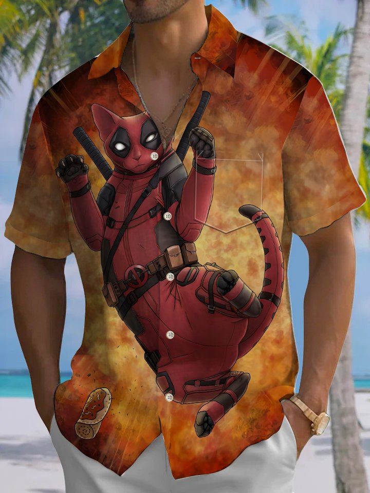 Alohadaddy® Casual Vintage Deadpool Cat Print Art Chest Pocket Moisture Wicking Oversized Hawaiian Shirt