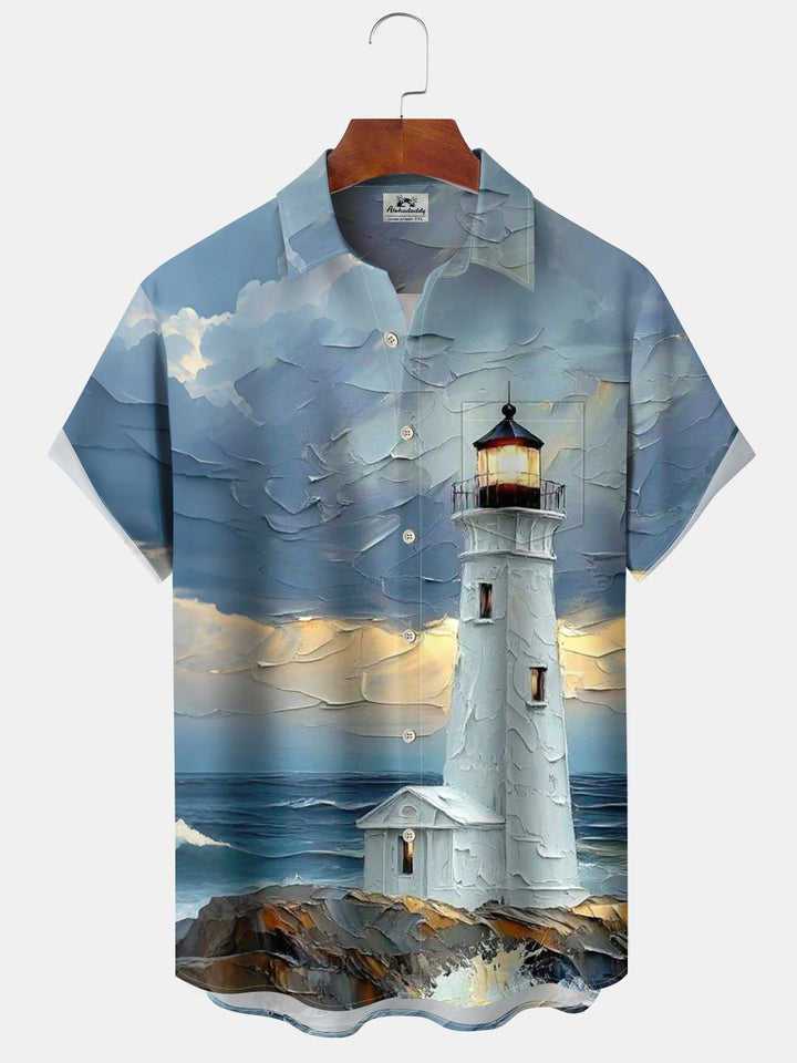 Alohadaddy® Casual Seaside Lighthouse Print Art Pockets Moisture Wicking Hawaiian Shirt Big &amp; Tall