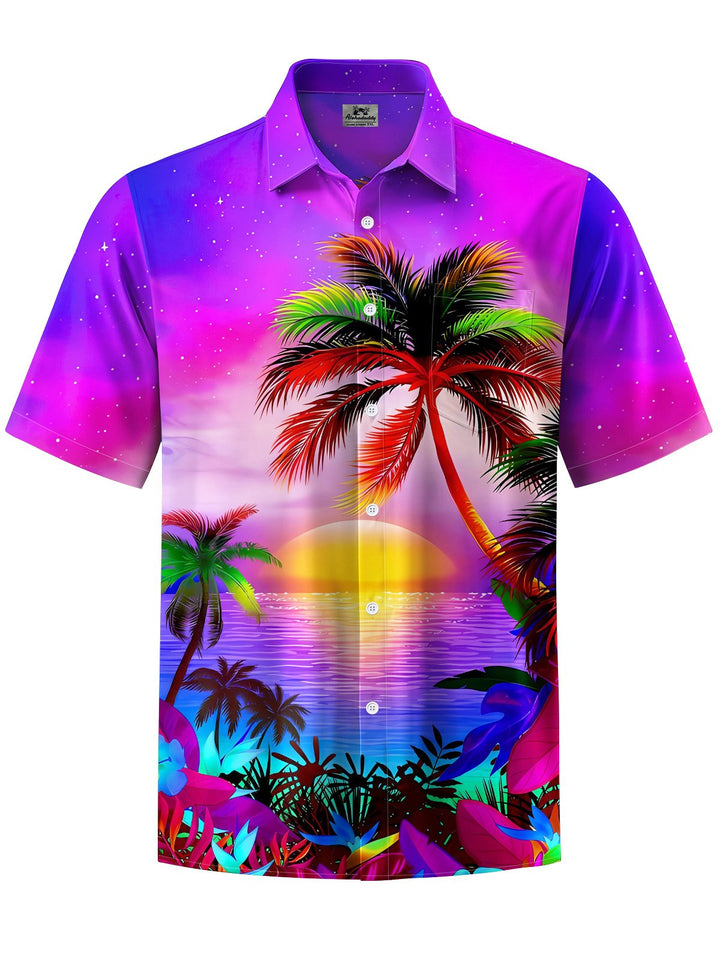 Alohadaddy® Hawaii Palm Tree Art Print Chest Pocket Moisture Wicking Men&