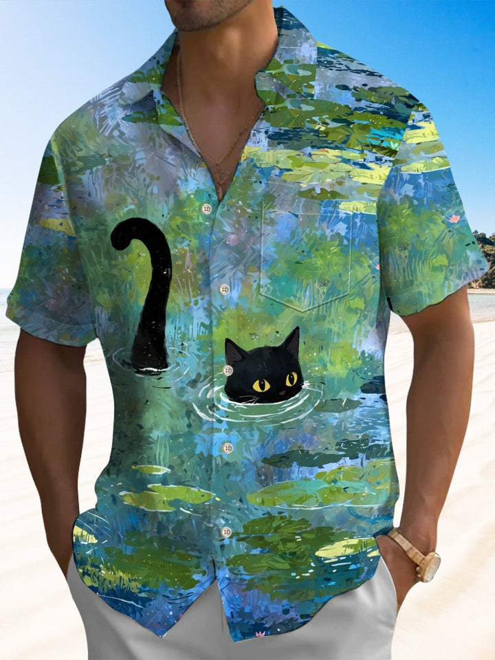 Alohadaddy® Vintage Oil Painting Cat Print Art Chest Pocket Men&