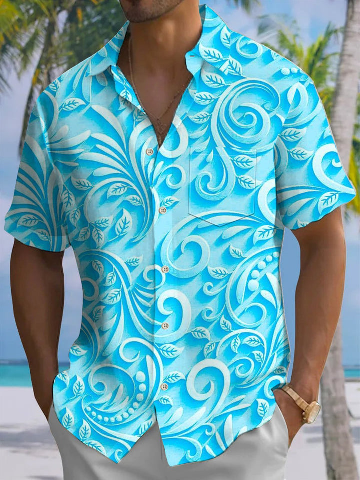 Alohadaddy® Casual 3D Embossed Leaf Art Print Chest Pocket Men&