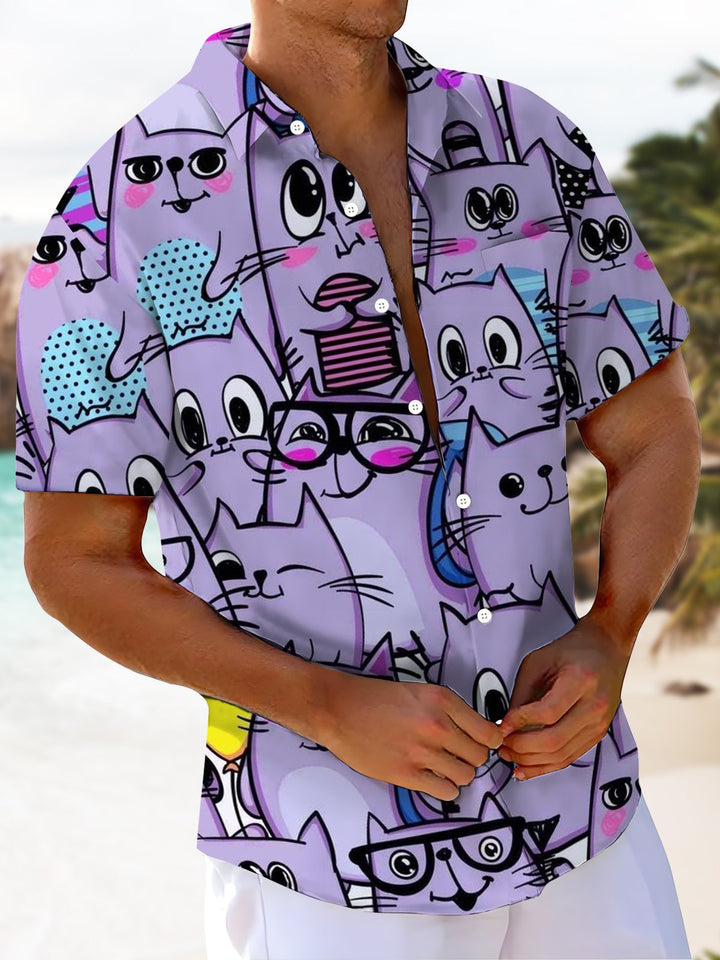 Alohadaddy® Casual Cartoon Cat Print Artwork Chest Pocket Men&
