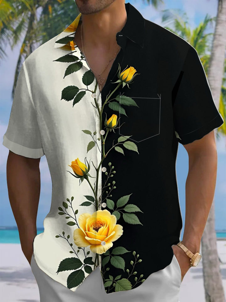 Alohadaddy® Casual Floral Contrast Art Print Chest Pocket Men&