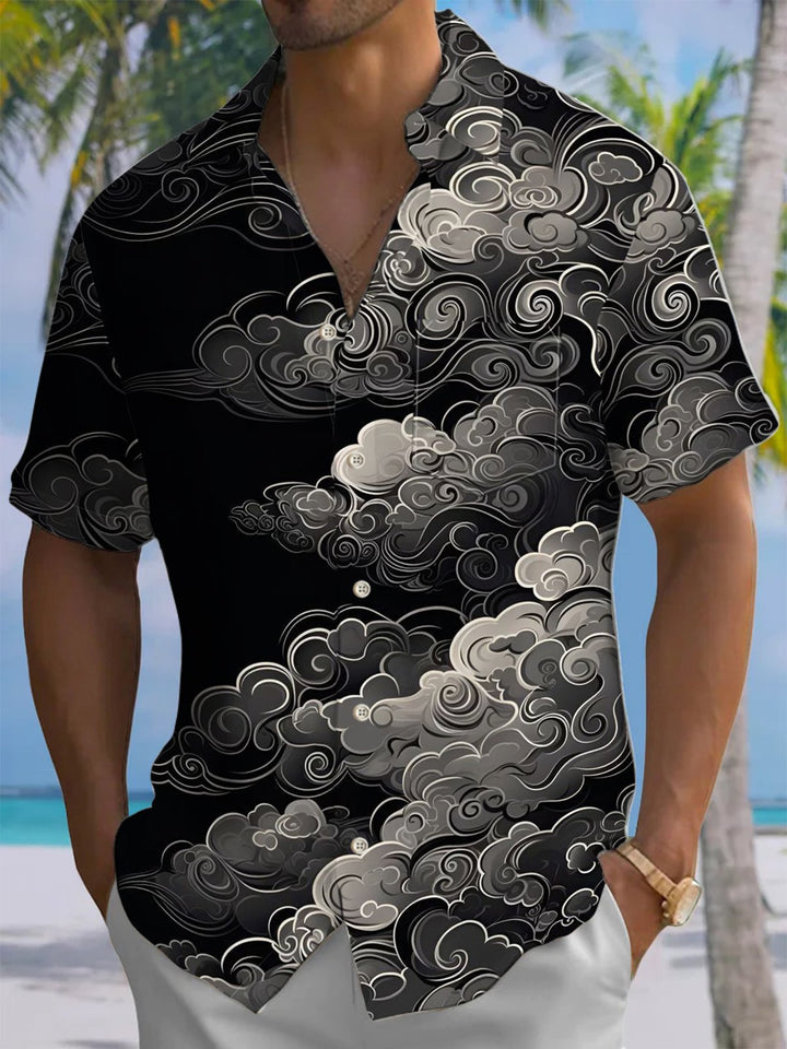 Alohadaddy® Casual Moire Ukiyo-e Print Art Chest Pocket Men&