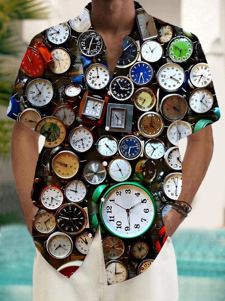 Alohadaddy® Vintage Alarm Clock Printed Artwork Chest Pocket Stretch Men&