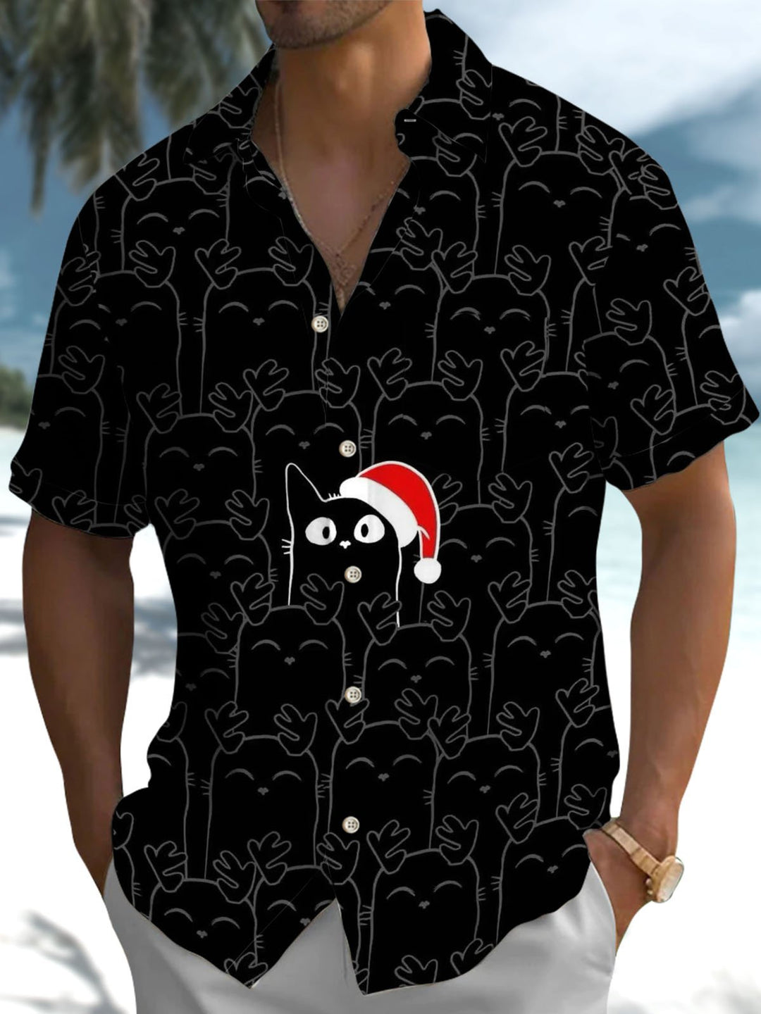 Alohadaddy® Christmas Cat Graphic Print Pockets Elastic Button Closure Men&