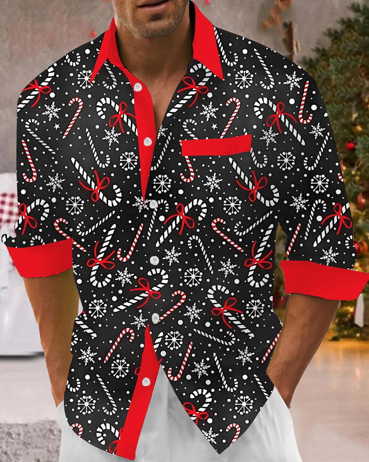 Alohadaddy® Christmas Candy Cane Print Pocket Elastic Button Men's Long Sleeve Shirt Big & Tall