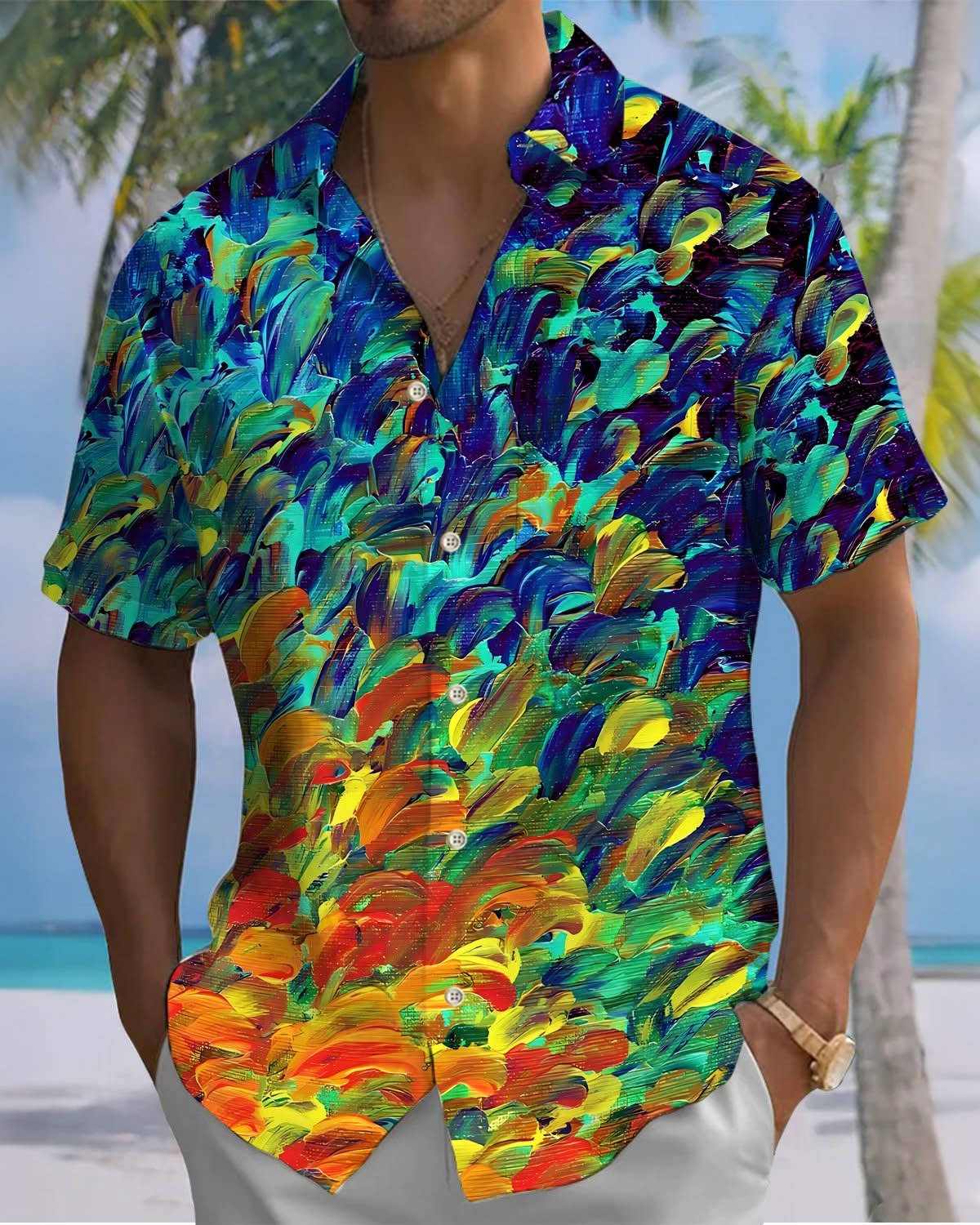 Alohadaddy® Vintage Oil Painting Ombre Print Pocket Elastic Button Men's Short Sleeve Shirt Big & Tall