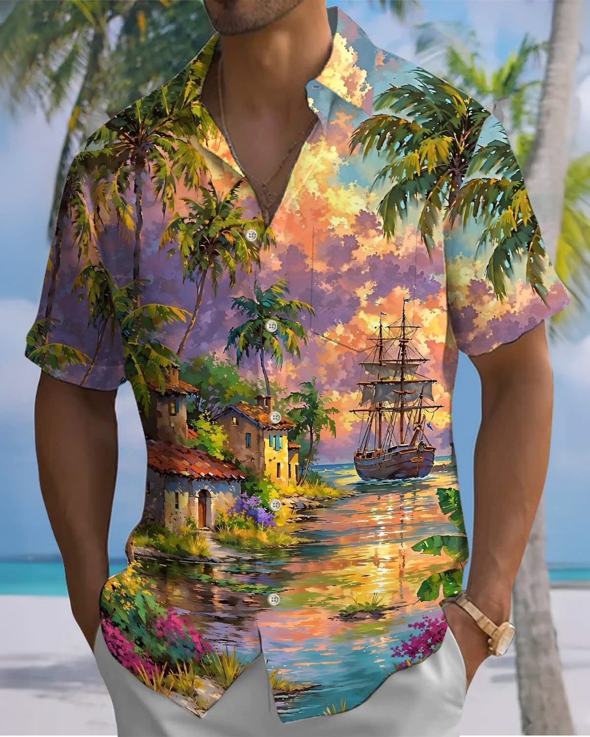 Alohadaddy® Hawaiian Beach Vacation Print Art Pocket Button Stretch Men's Short Sleeve Shirt Big & Tall