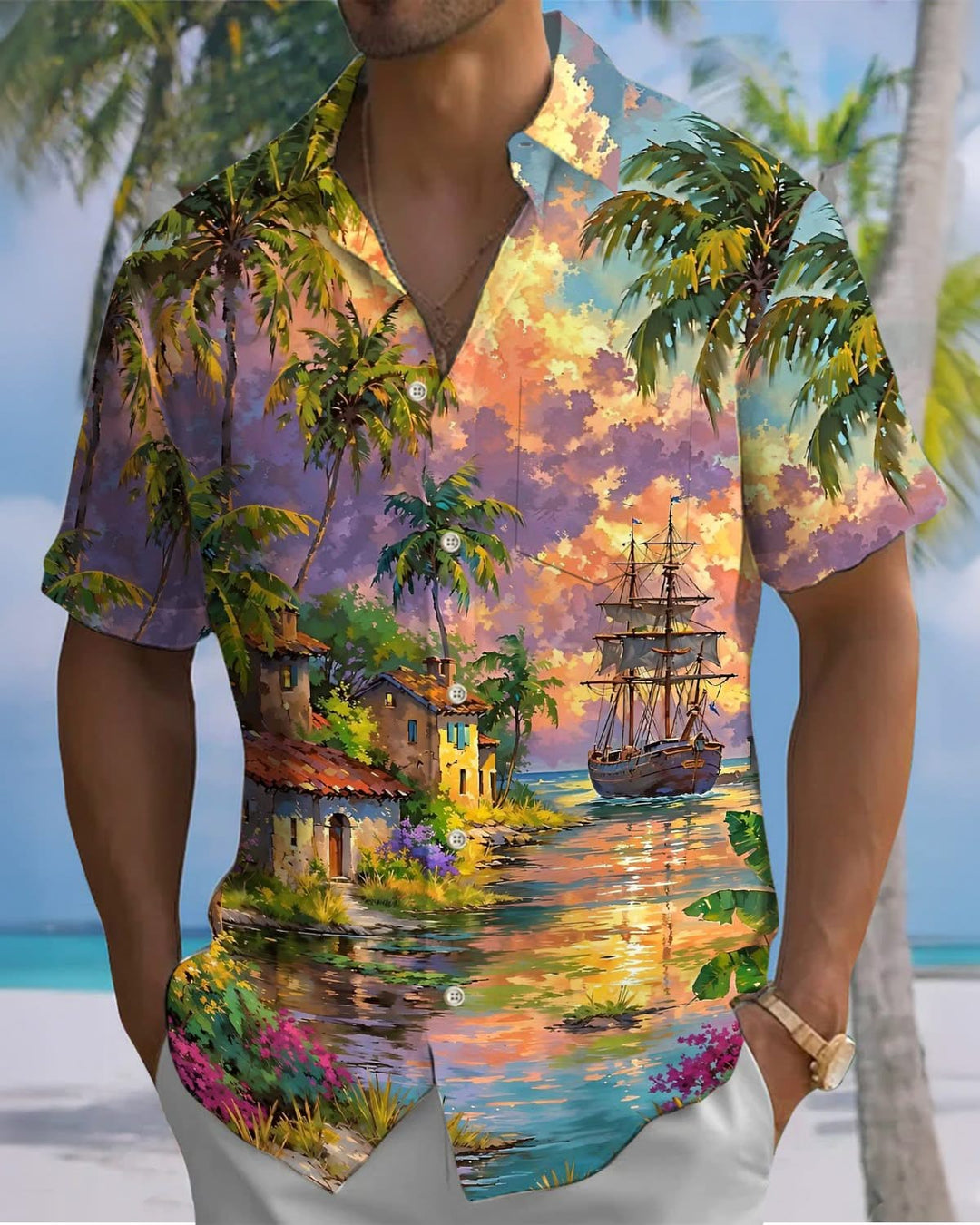 Alohadaddy® Hawaiian Beach Vacation Print Art Pocket Button Stretch Men&