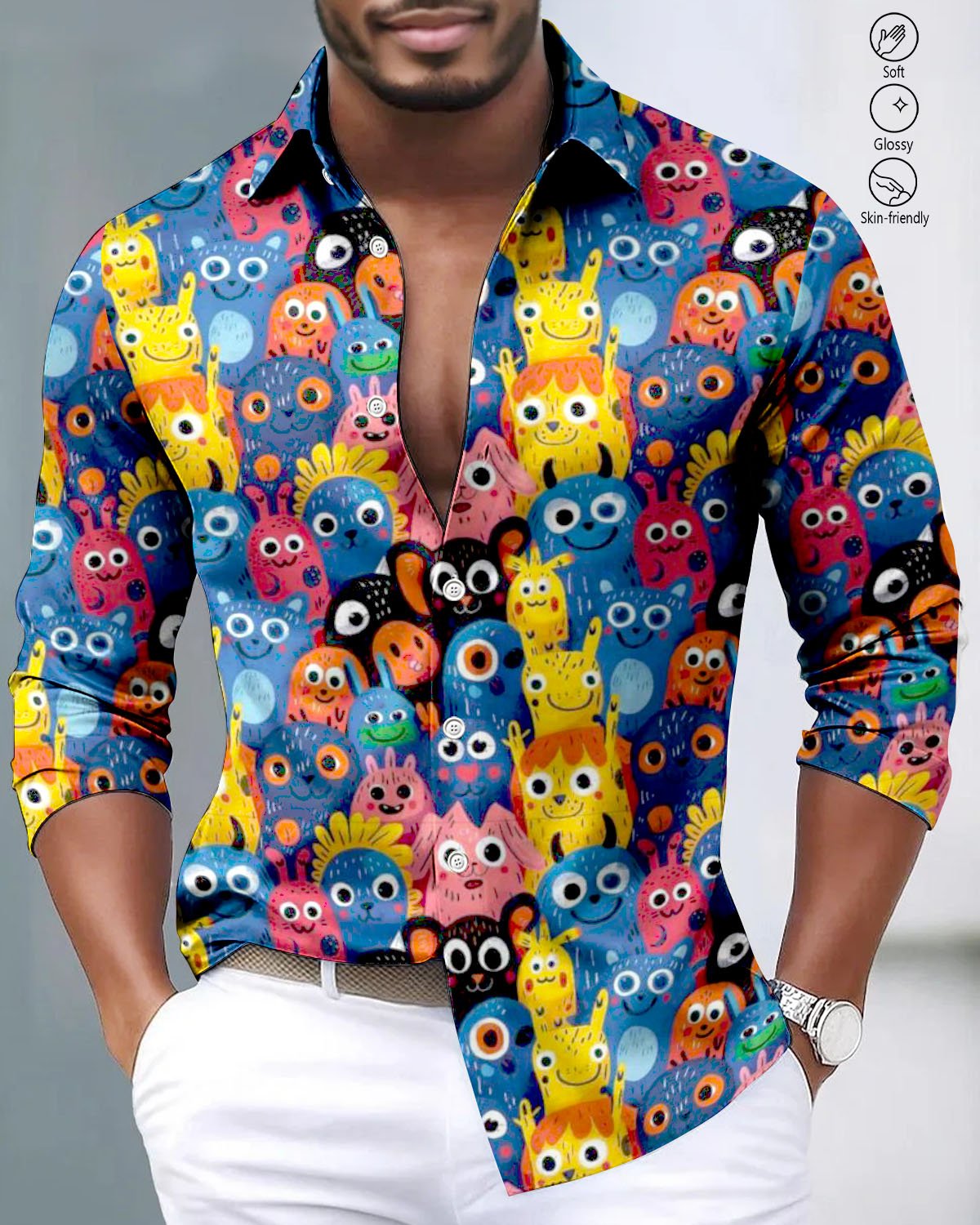 Alohadaddy® Satin Finish Vintage Cartoon Monster Print Art Stretch Men's Long Sleeve Shirt Big & Tall