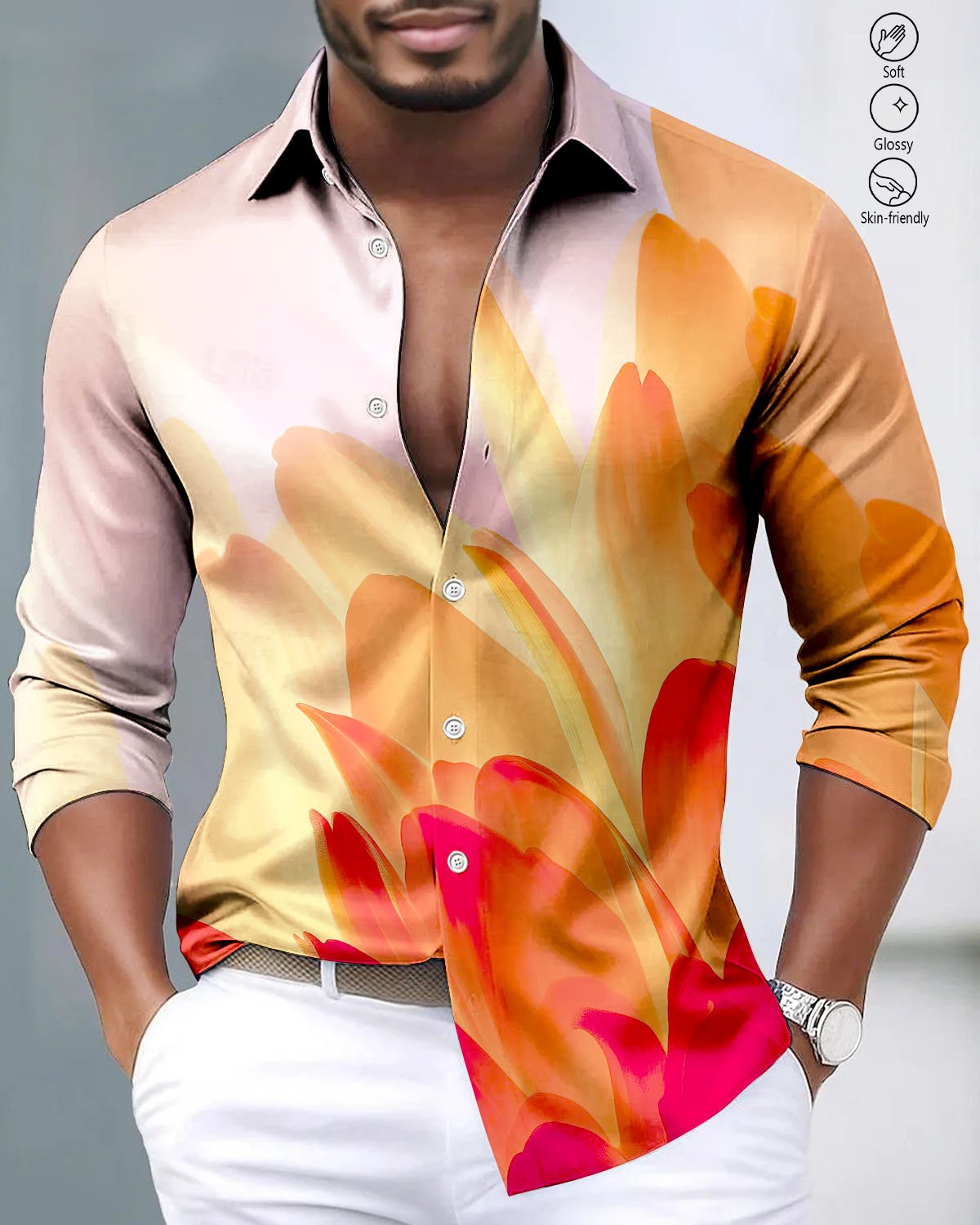 Alohadaddy® Satin Glossy Gradient Leaf Print Men's Long-Sleeve Shirt with Button Stretch - Big & Tall