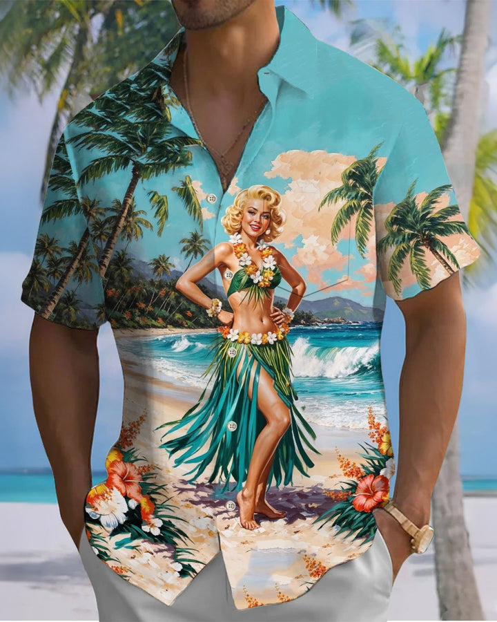 Alohadaddy® Hawaiian Vacation Poster Girl Print Art Button Cardigan Pocket Men&