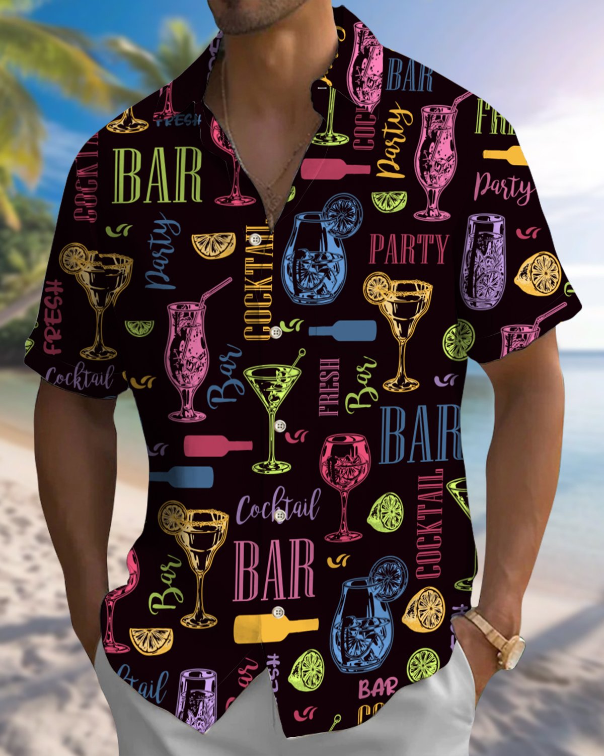 Alohadaddy® Casual Cocktail Print Artistic Button Pocket Cardigan Men's Short Sleeve Shirt Big & Tall