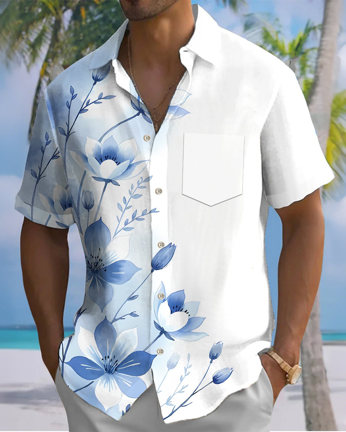 Alohadaddy® Hawaiian Orchid Print Art Button Pocket Cardigan Men's Short Sleeve Shirt Big & Tall