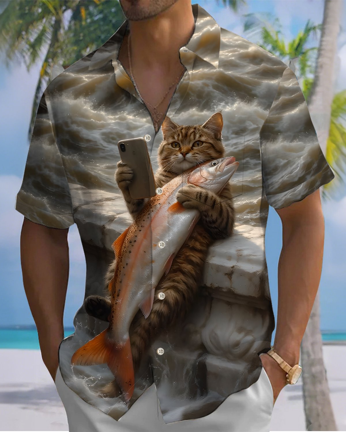 Alohadaddy® Vintage Cat Print Art Button Pocket Cardigan Men's Short Sleeve Shirt