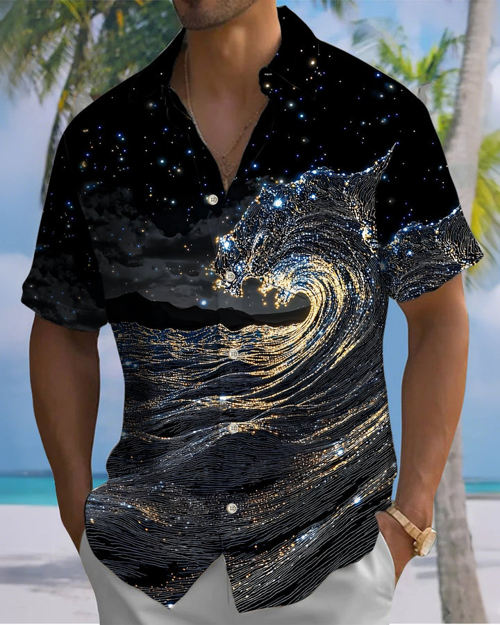 Alohadaddy® Hawaiian Wave Print Art Button Pocket Cardigan Men&