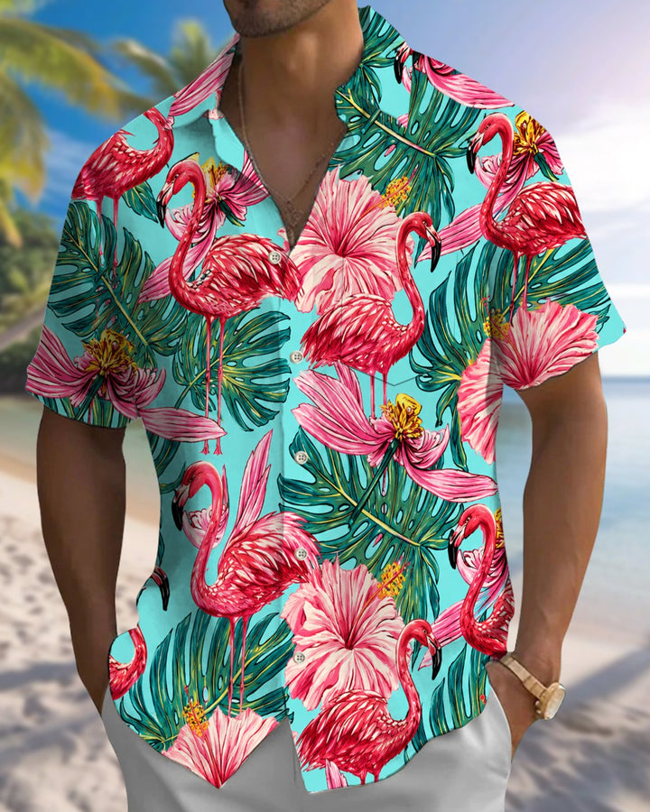 Alohadaddy® Hawaiian Flamingo Print Art Button Pocket Cardigan Men&