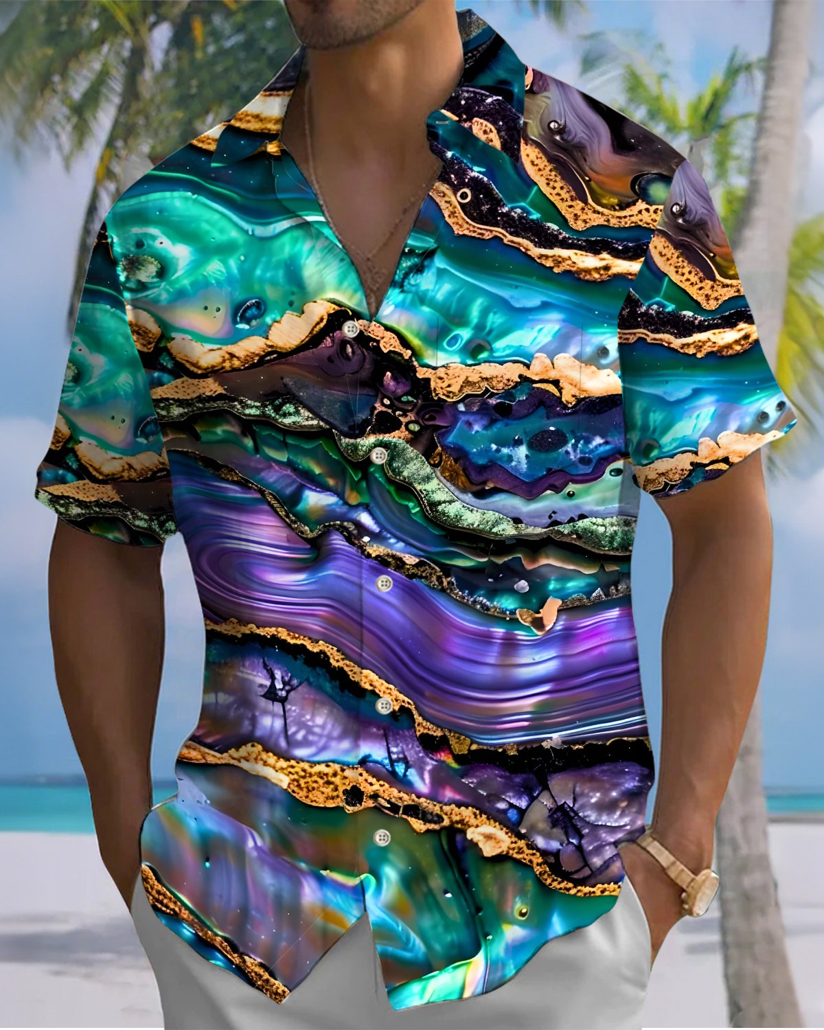Alohadaddy® Men's Short-Sleeve Shirt Vintage Abstract Print Art Button-Down Cardigan with Pocket