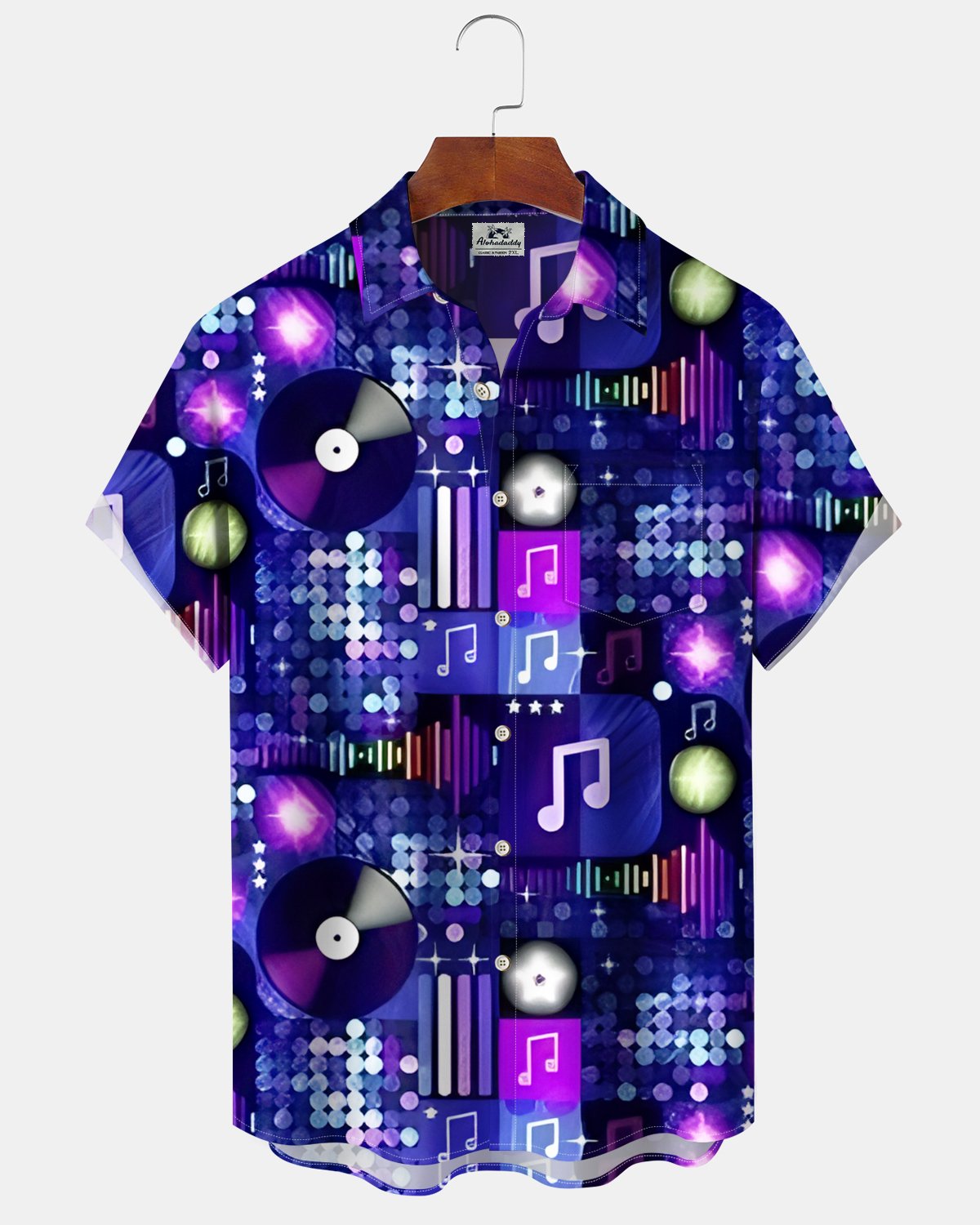 Alohadaddy® Men's Short-Sleeve Button-Down Cardigan Shirt with Vintage Music-Themed Graphic Print and Pocket