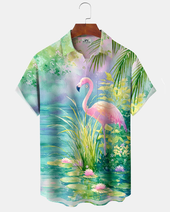 Alohadaddy® Hawaiian Flamingo Print Art Button Pocket Cardigan Men&
