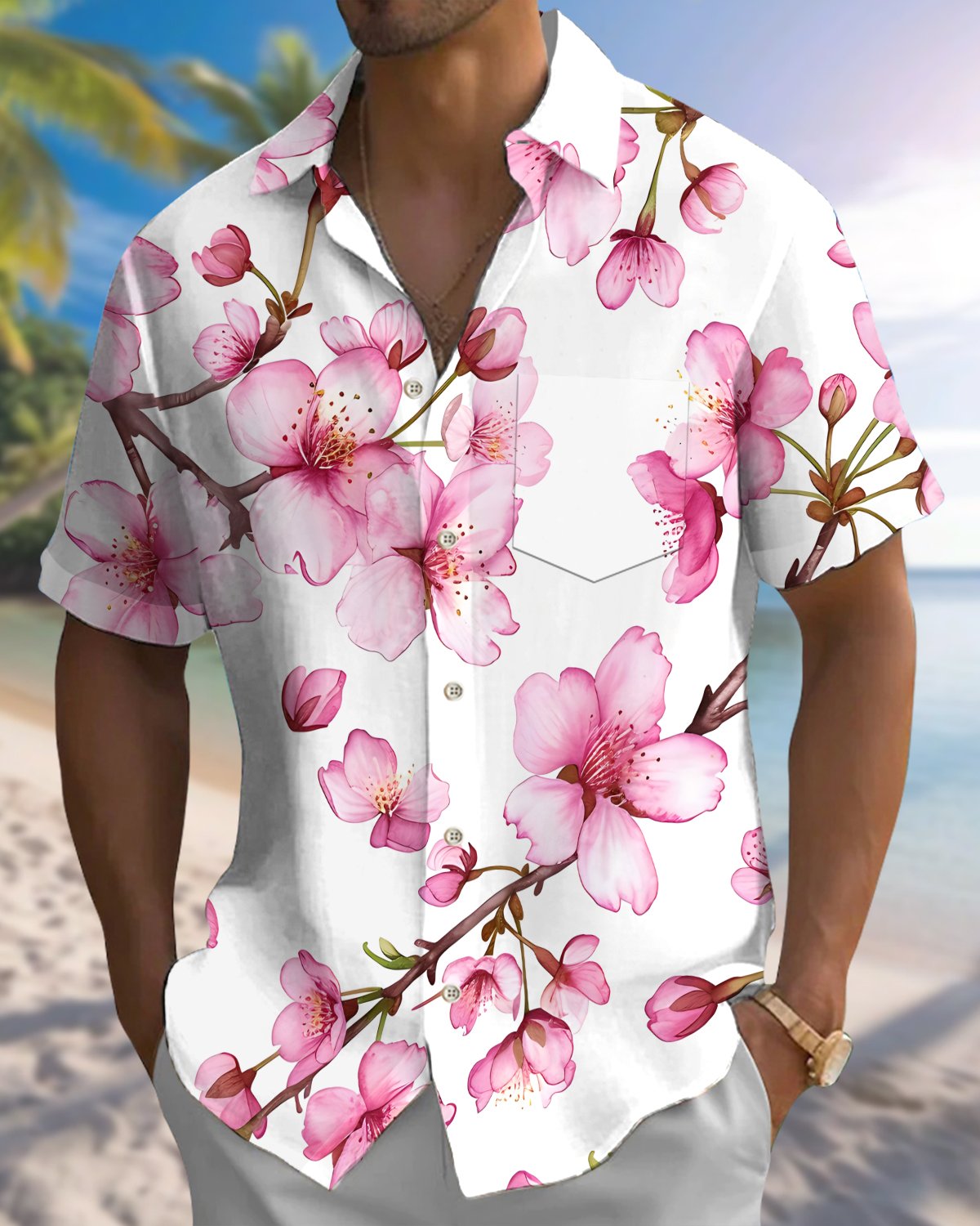 Alohadaddy® Men's Short-Sleeve Button-Down Shirt with Floral Art Print and Pocket