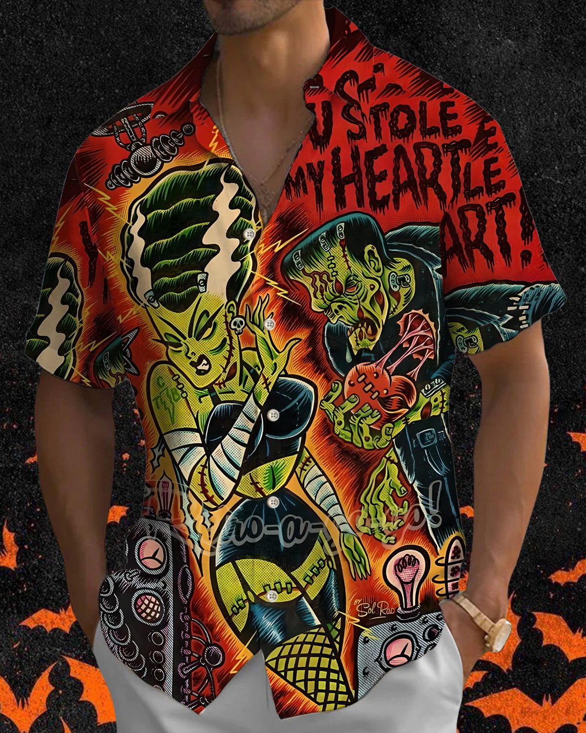 Alohadaddy® Holiday Halloween Graphic Print Button-Down Pocket Cardigan-Style Men's Short-Sleeve Shirt
