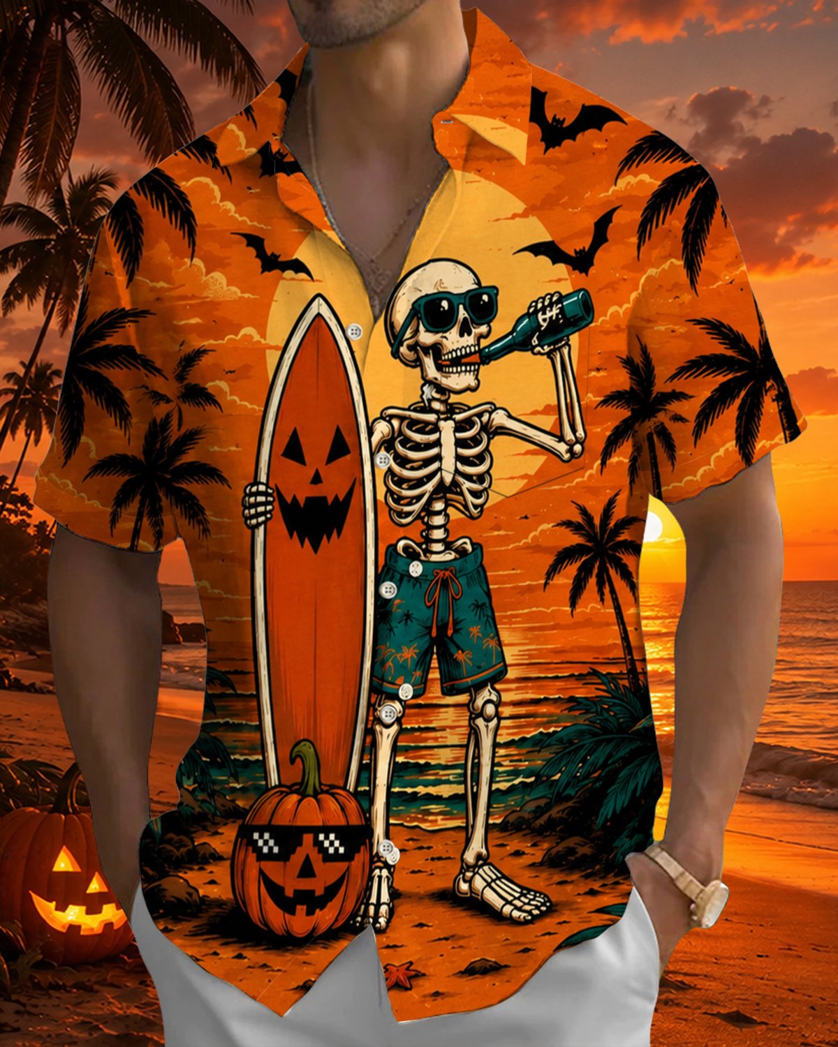 Alohadaddy® Men's Short-Sleeve Button-Down Shirt  Hawaiian Style with Halloween Graphic Print and Chest Pocket