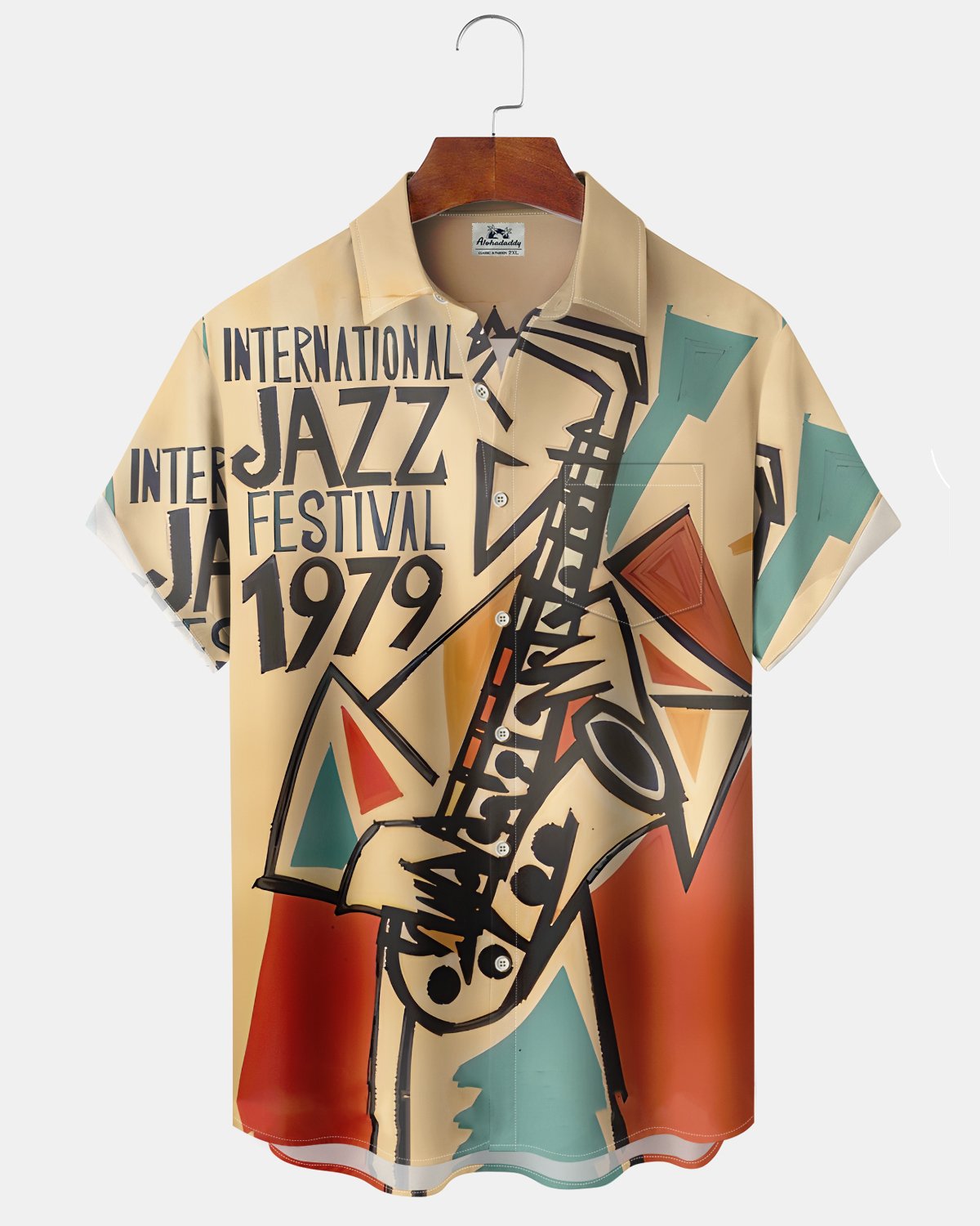 Alohadaddy® Men's Short-Sleeve Button-Down Shirt with Pocket Vintage Music-Themed Graphic Print