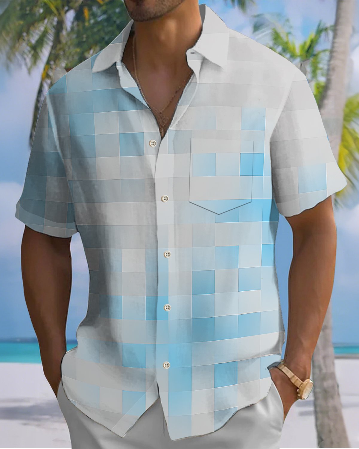 Alohadaddy® Men's Short-Sleeve Casual Cardigan Shirt  Geometric Art Print, Button-Front with Pocket