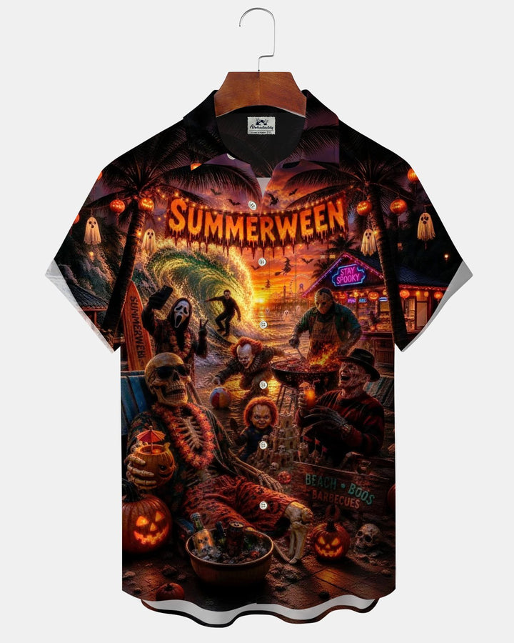 Alohadaddy® Holiday Halloween Print Button-Down Pocket Cardigan Short-Sleeve Shirt for Men