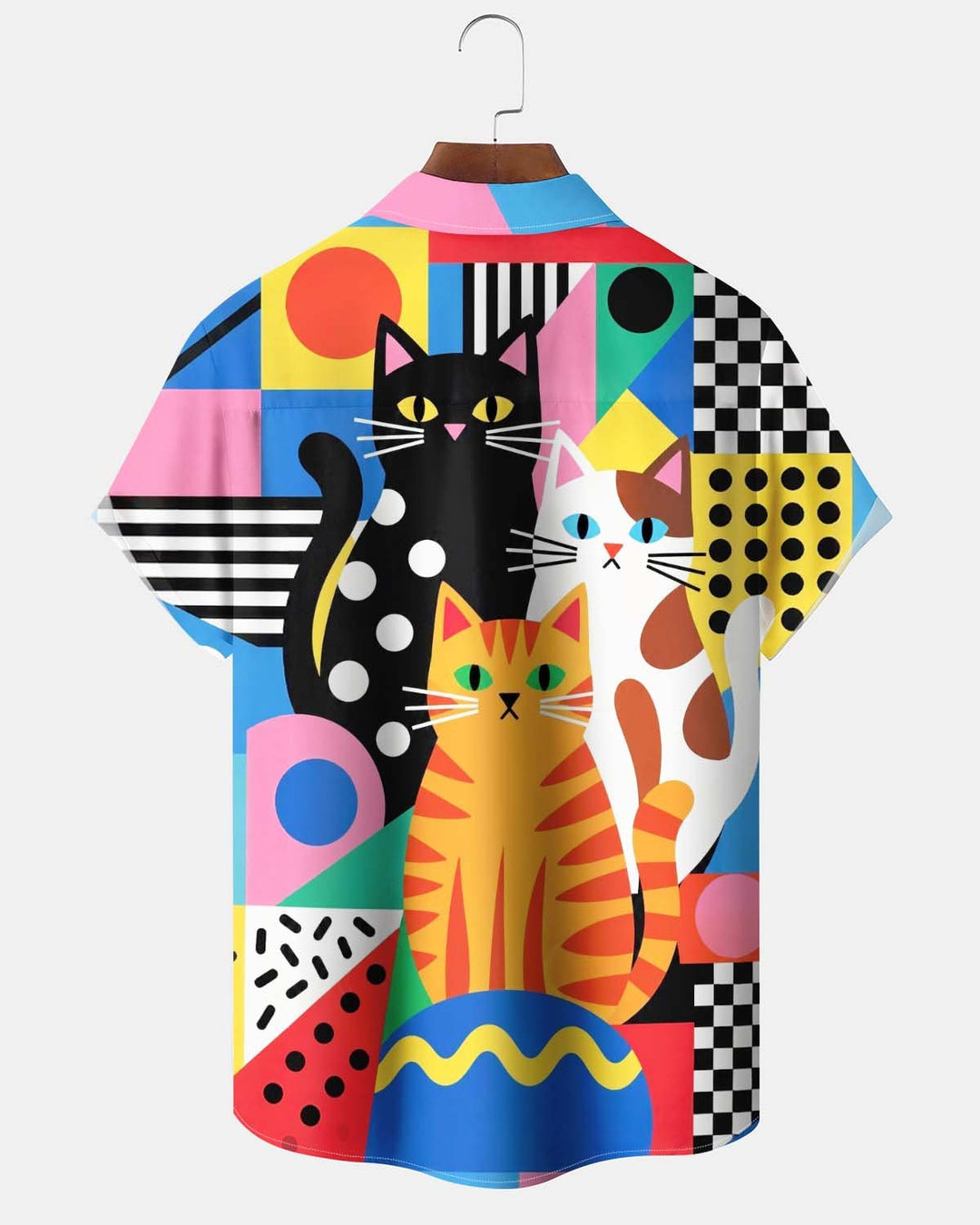 Alohadaddy® Men’s Short-Sleeve Button-Down Shirt Vintage-Style Geometric Cat-Print Cardigan with Pocket