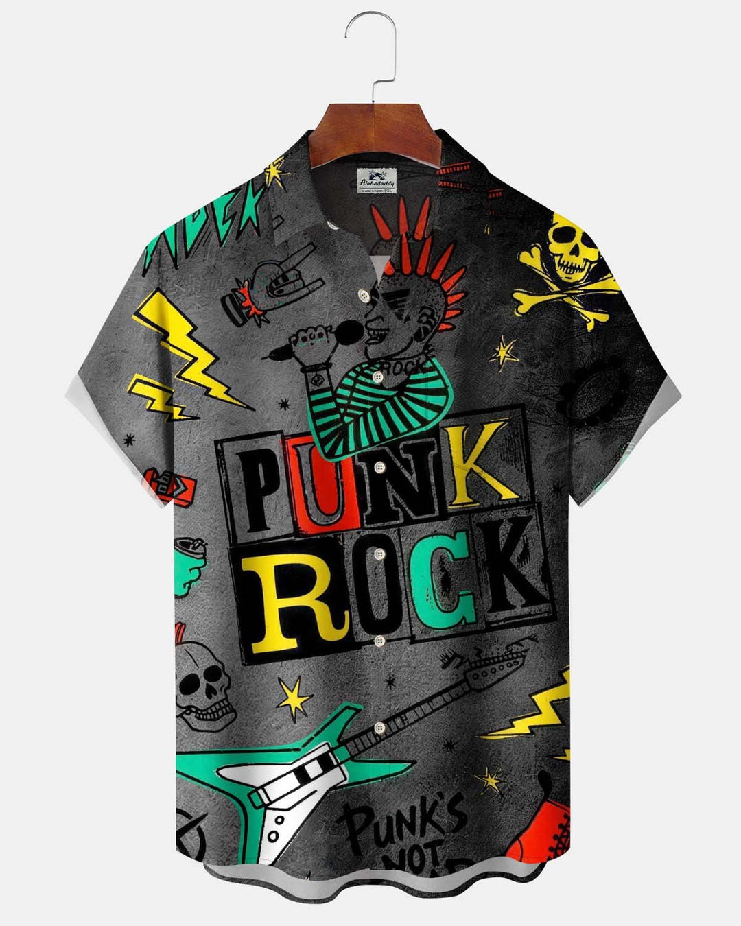 Alohadaddy® Men’s Short-Sleeve Button-Down Shirt with Pocket Vintage Rock &amp; Roll Graphic Print