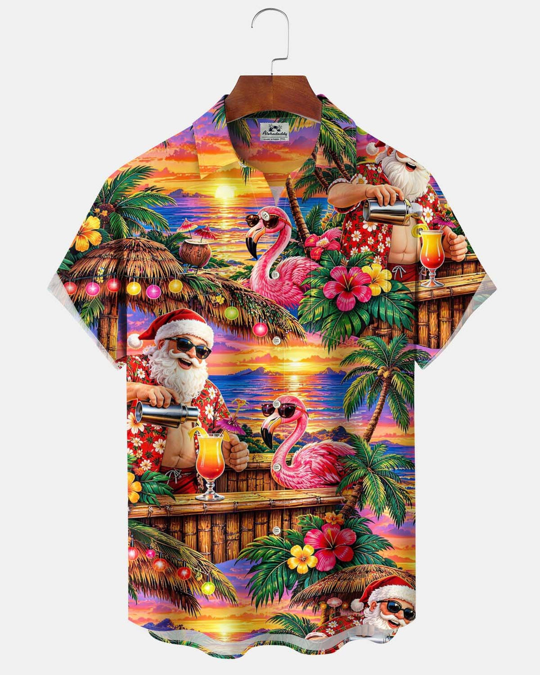 Alohadaddy® Men’s Short-Sleeve Button-Down Shirt Hawaiian-Style Christmas Flamingo Print with Chest Pocket