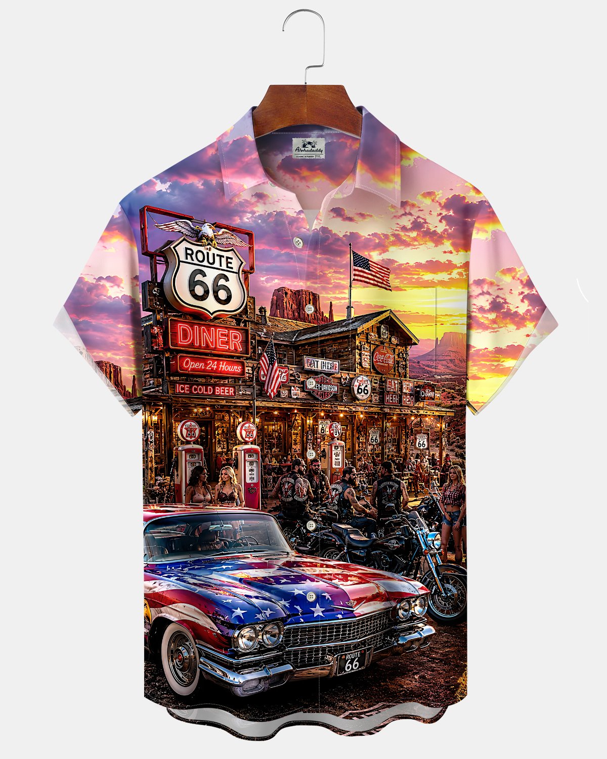 Alohadaddy® Men's Short-Sleeve Button-Down Shirt  Vintage Route 66 Graphic Print with Pocket