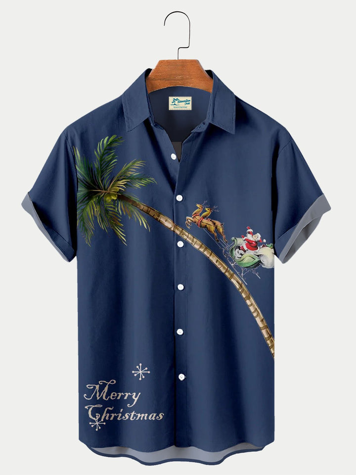 Camisa hawaiana de manga corta con estampado de alce navideño y cocotero para hombre