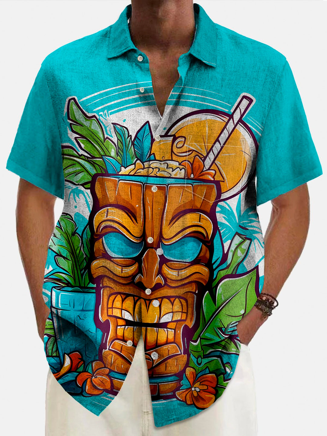 Camisa de manga corta con bolsillo abotonado y estampado de árbol de coco Tiki de Alohadaddy para hombre